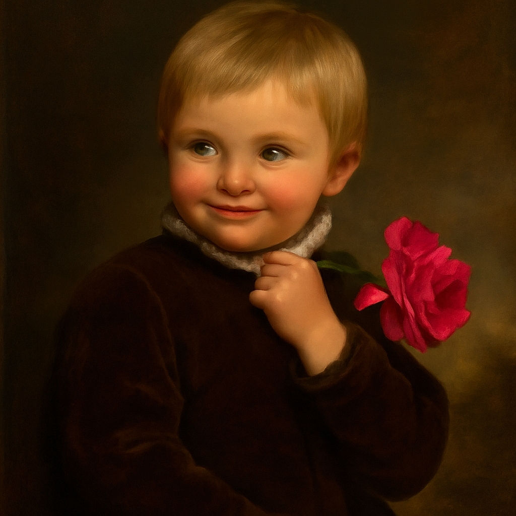 A cheerful toddler with sparkling blue eyes and blonde hair is sitting in a stroller, holding a vibrant pink rose close to their face with a playful smile, capturing a candid moment of innocent joy.