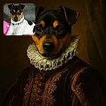 A charming dog with a black, brown, and white coat lounges comfortably on a couch, resting against a pink pillow with a floral design. The dog wears a black and white patterned collar and gazes attentively at the camera with soulful eyes, while the background features a gray couch with visible stitching.