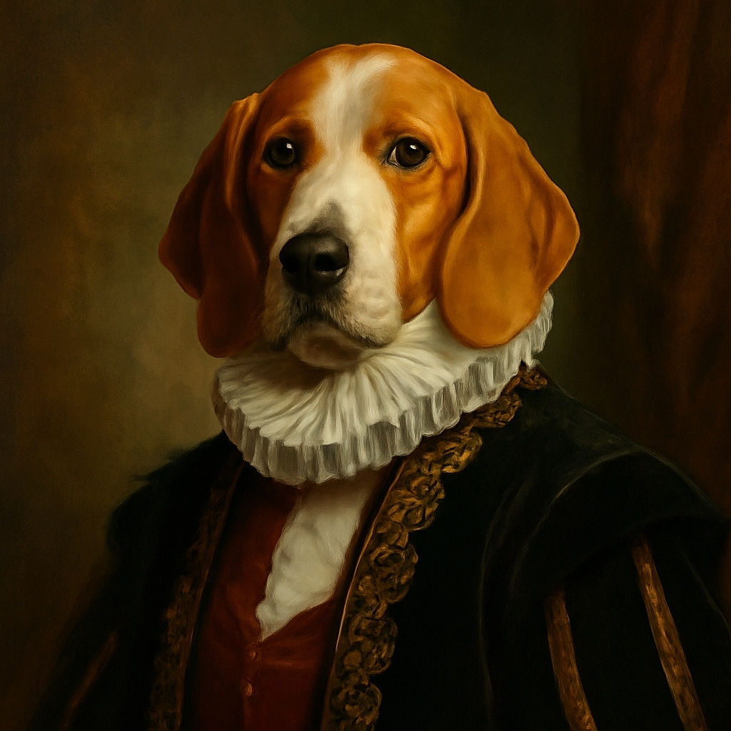 A curious dog awkwardly perched between two couches in a cozy living room, with a person lounging nearby and a TV playing a show in the background. The scene feels casual and homey, capturing a quirky moment of pet behavior.