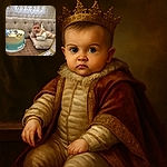 A curious baby lies on a plush cushion on a tufted sofa, eyeing a beautifully decorated blue and cream cake adorned with an adorable elephant topper and spherical decorations. The cozy scene is set against intricate lace curtains, with a box of themed chocolates nearby, making it a charming celebration moment.