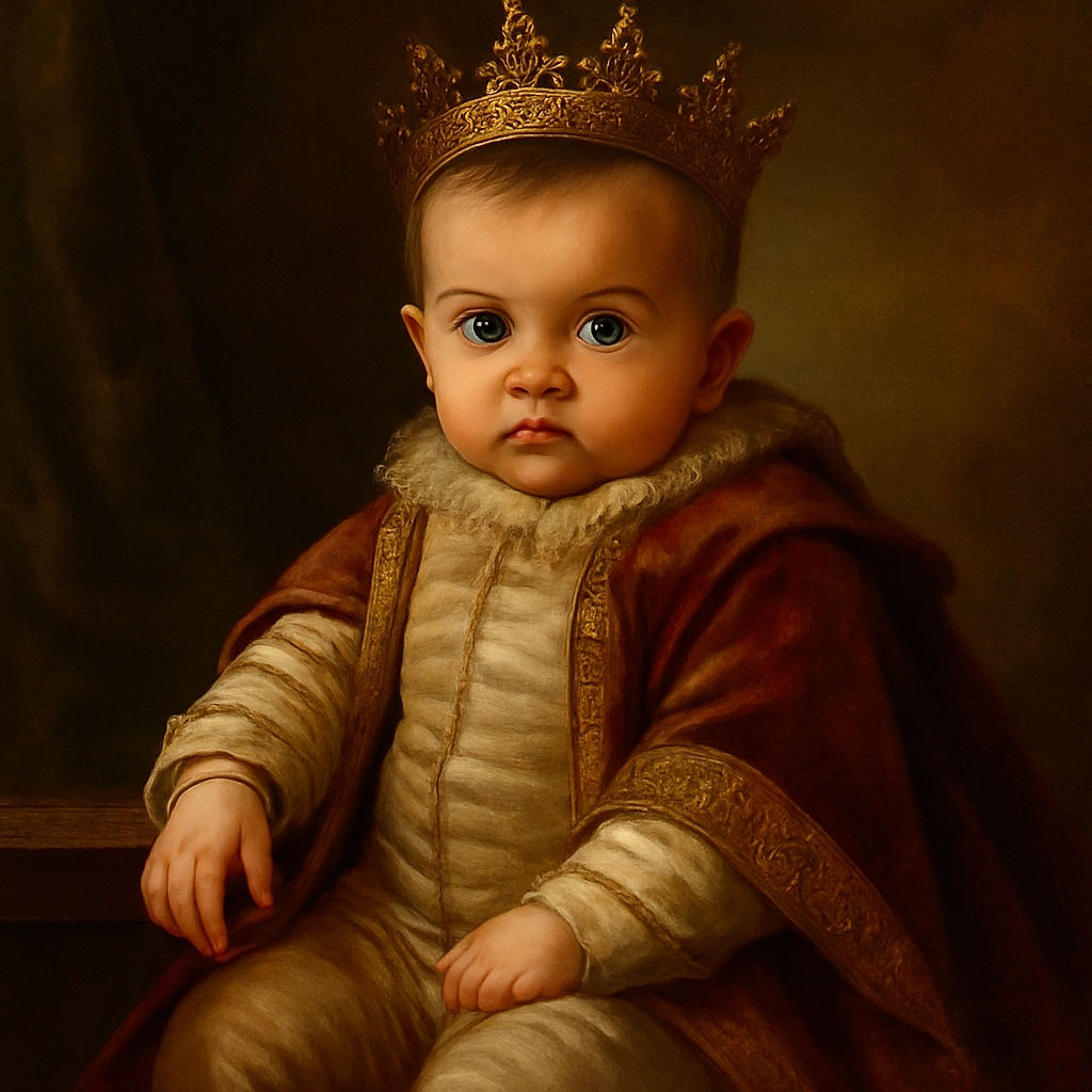 A curious baby lies on a plush cushion on a tufted sofa, eyeing a beautifully decorated blue and cream cake adorned with an adorable elephant topper and spherical decorations. The cozy scene is set against intricate lace curtains, with a box of themed chocolates nearby, making it a charming celebration moment.