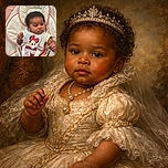 A cute baby wearing a Minnie Mouse bib is comfortably seated in a cushioned baby chair, looking curiously to the side with a thoughtful expression. The soft pink and white tones of the chair frame the baby, creating a cozy and warm atmosphere.