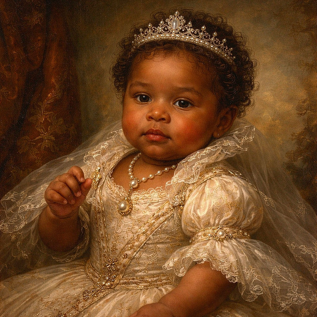 A cute baby wearing a Minnie Mouse bib is comfortably seated in a cushioned baby chair, looking curiously to the side with a thoughtful expression. The soft pink and white tones of the chair frame the baby, creating a cozy and warm atmosphere.