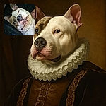 A close-up photo of a light-colored dog with a unique facial pattern that creates an optical illusion of two faces merged into one, lying on a dark surface with a cozy and relaxed vibe.