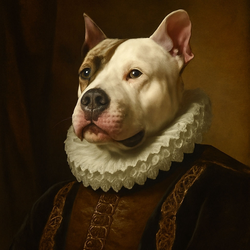 A close-up photo of a light-colored dog with a unique facial pattern that creates an optical illusion of two faces merged into one, lying on a dark surface with a cozy and relaxed vibe.