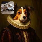 A fluffy dog is lying on its back on a wooden floor, looking playful and goofy with its paws up and ears flopped to the side, as if inviting belly rubs.