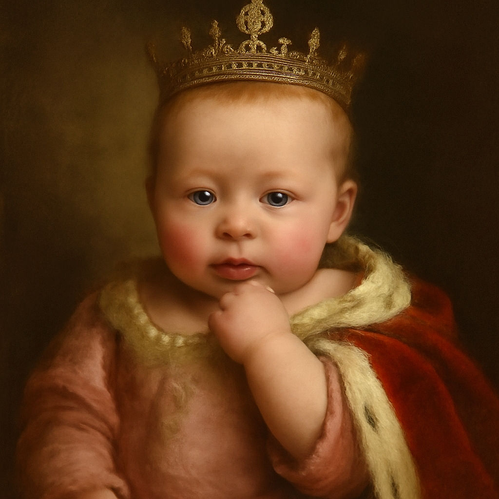 A close-up of an adorable baby bundled in a soft pink outfit and a brown hat, looking curiously with bright blue eyes and a tiny fist near the mouth, wrapped in cozy blankets.