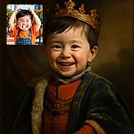 A cheerful toddler with a bright smile and playful eyes is tugging at their hair, dressed in an orange shirt and denim overalls with a cute yellow animal patch, standing in a colorful playground with buildings and greenery blurred in the background, while Chinese text overlays the top of the image.