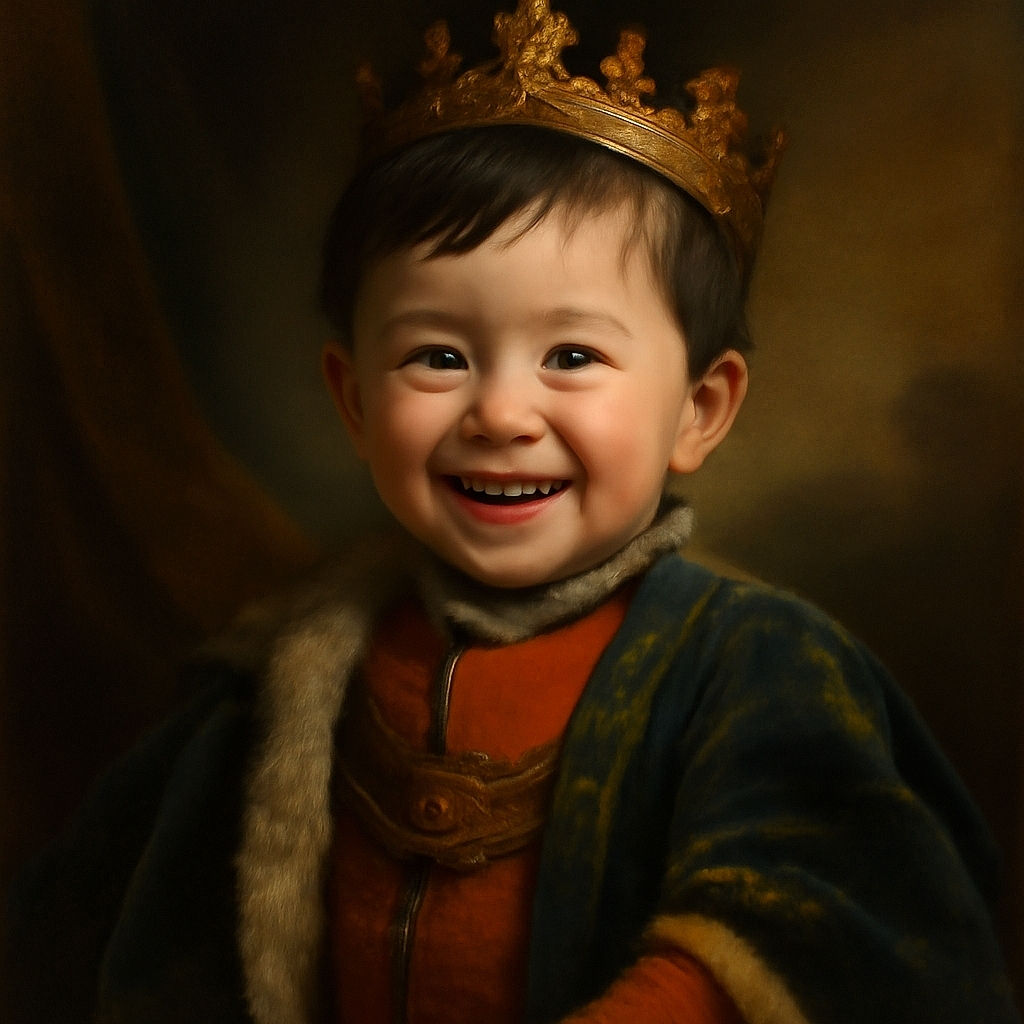 A cheerful toddler with a bright smile and playful eyes is tugging at their hair, dressed in an orange shirt and denim overalls with a cute yellow animal patch, standing in a colorful playground with buildings and greenery blurred in the background, while Chinese text overlays the top of the image.