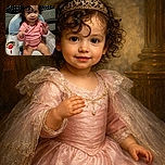 A curly-haired toddler in a pink outfit is sitting in a colorful plush chair, reaching out with both hands as if ready to grab the camera or play peekaboo, with a cozy living room setting in the background.