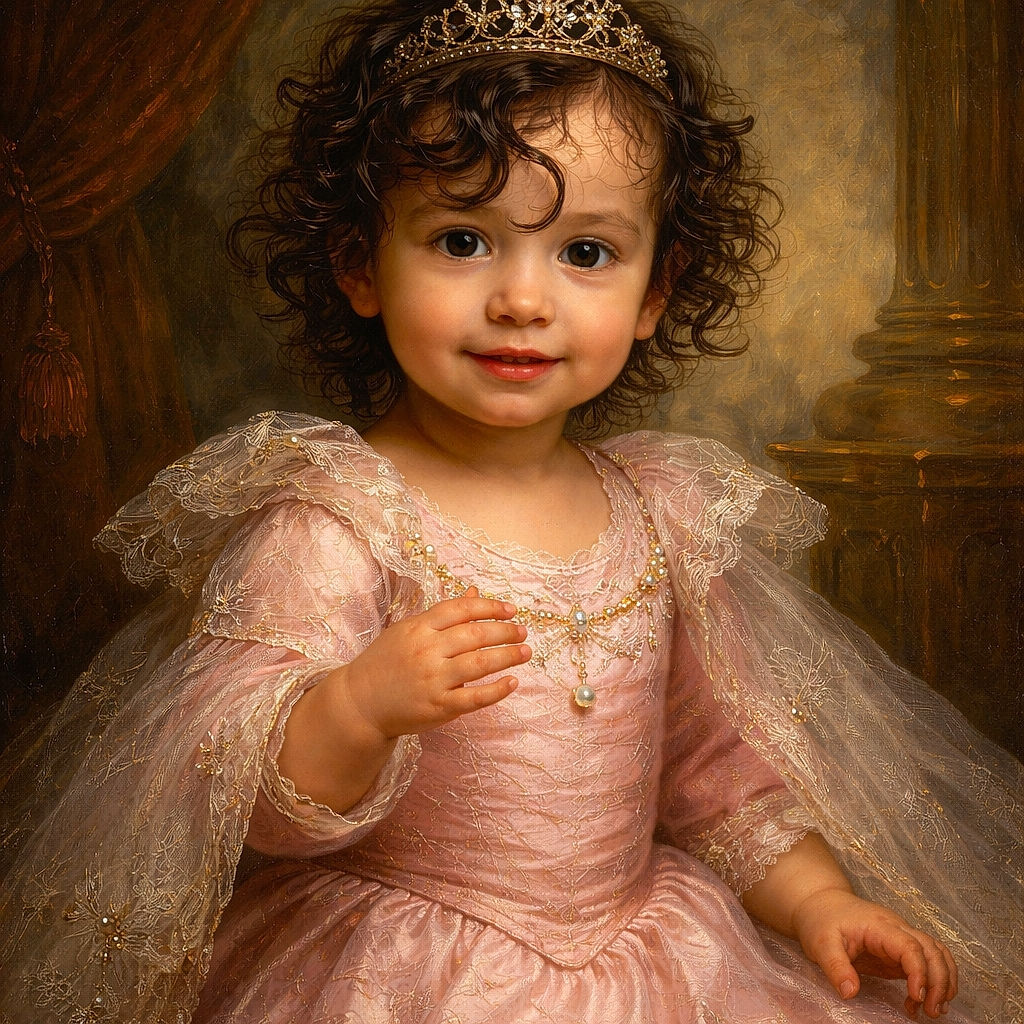 A curly-haired toddler in a pink outfit is sitting in a colorful plush chair, reaching out with both hands as if ready to grab the camera or play peekaboo, with a cozy living room setting in the background.