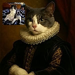 A relaxed black-and-white cat lounges on a spotted blanket, sitting upright with a slightly mischievous expression as if caught mid-thought. The cozy bedroom setting with wooden drawers and scattered items in the background adds a casual, lived-in vibe.