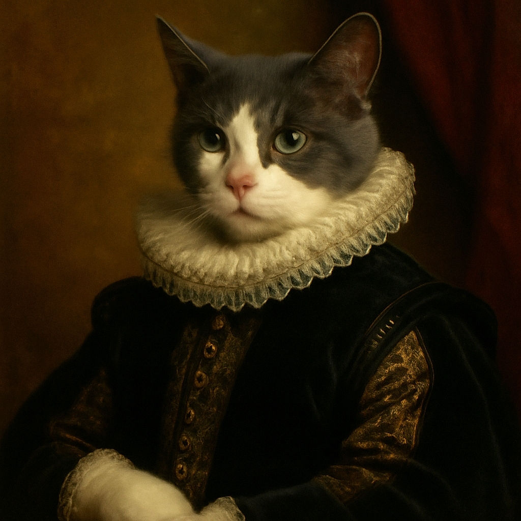 A relaxed black-and-white cat lounges on a spotted blanket, sitting upright with a slightly mischievous expression as if caught mid-thought. The cozy bedroom setting with wooden drawers and scattered items in the background adds a casual, lived-in vibe.