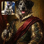 A happy dog with a speckled coat sits on a bed, tongue out in a playful grin, with a cozy indoor setting in the background including a door and some furniture.