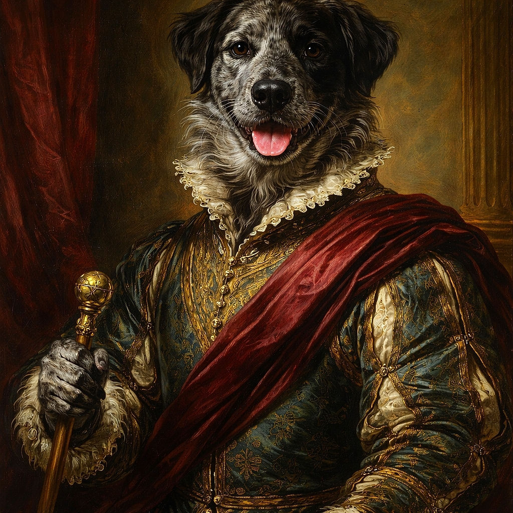 A happy dog with a speckled coat sits on a bed, tongue out in a playful grin, with a cozy indoor setting in the background including a door and some furniture.
