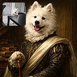 A fluffy white dog with a playful expression peeks over a black table in a cozy, tiled room. The dog wears a patterned bandana, adding to its charm, while the background features simple, light-colored doors and walls, creating a calm and inviting atmosphere.