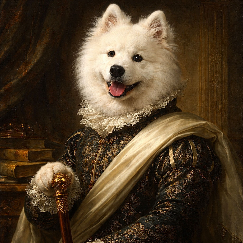 A fluffy white dog with a playful expression peeks over a black table in a cozy, tiled room. The dog wears a patterned bandana, adding to its charm, while the background features simple, light-colored doors and walls, creating a calm and inviting atmosphere.