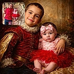 Two adorable kids lie on a floral blanket, the older one grinning widely in a red shirt and blue pants, while the baby sports a pink outfit with a tutu and matching headband. The scene is sweetly decorated with Valentine’s Day themed text overlaid, adding a warm and loving vibe.