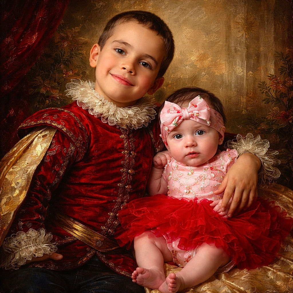 Two adorable kids lie on a floral blanket, the older one grinning widely in a red shirt and blue pants, while the baby sports a pink outfit with a tutu and matching headband. The scene is sweetly decorated with Valentine’s Day themed text overlaid, adding a warm and loving vibe.