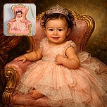 A charming baby girl dressed in a frilly pink dress and matching headband sits happily on an ornate pink and gold throne-like chair, looking straight at the camera with a cheeky smile, set against a simple white backdrop.