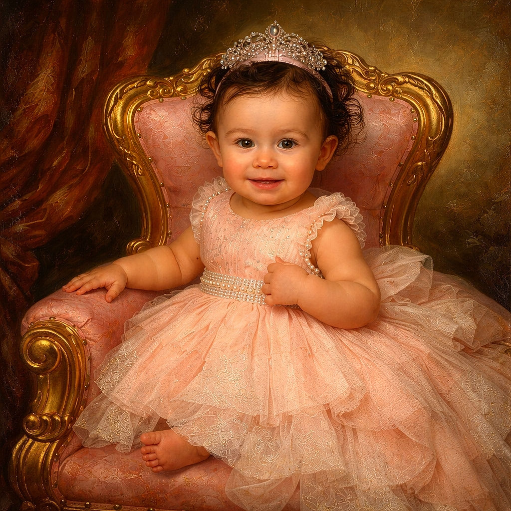 A charming baby girl dressed in a frilly pink dress and matching headband sits happily on an ornate pink and gold throne-like chair, looking straight at the camera with a cheeky smile, set against a simple white backdrop.