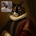 A fluffy, multi-colored cat lounges regally on a soft gray chair, looking alert and majestic as if guarding its throne. The cozy setting and the cat's luxurious fur create a warm, inviting atmosphere.