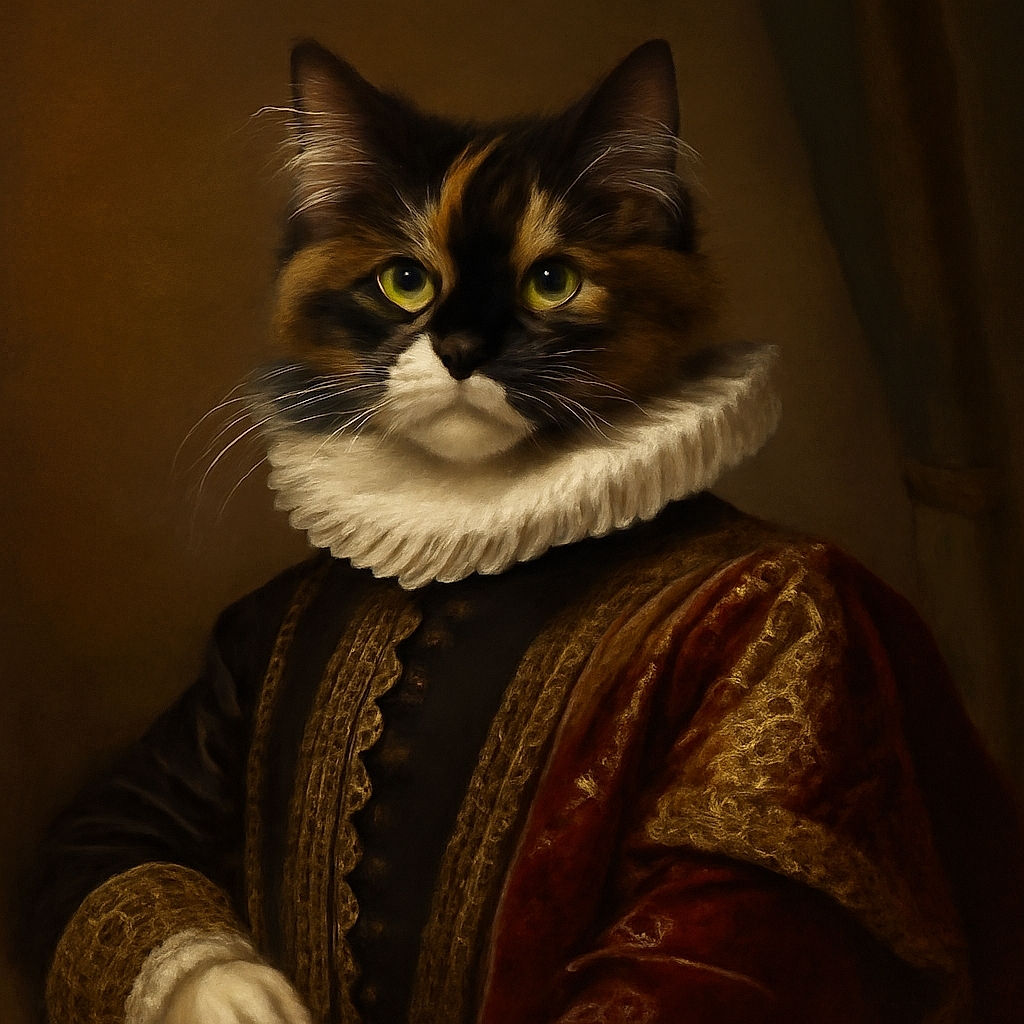 A fluffy, multi-colored cat lounges regally on a soft gray chair, looking alert and majestic as if guarding its throne. The cozy setting and the cat's luxurious fur create a warm, inviting atmosphere.