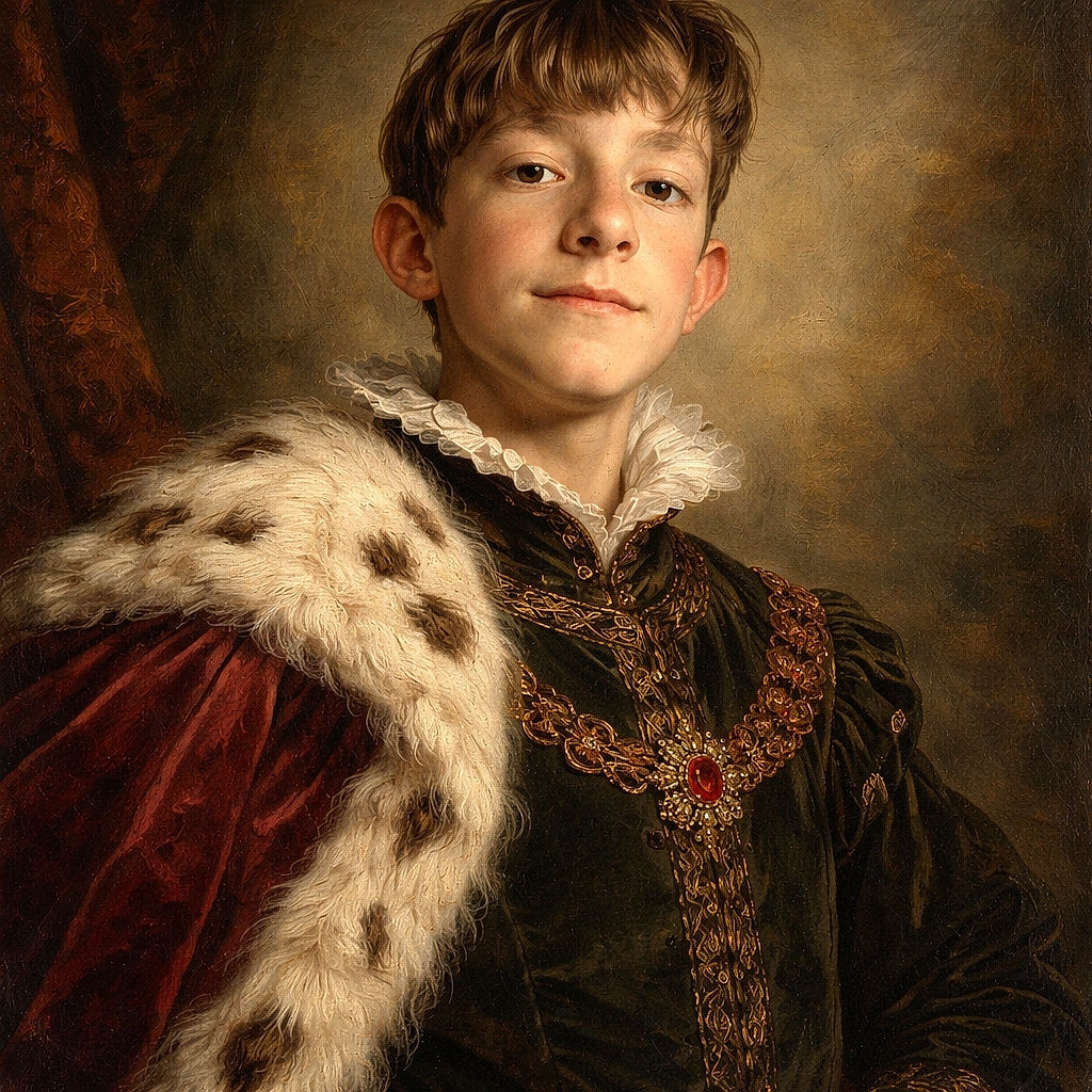 A close-up selfie of a young boy with a neutral expression, wearing a red shirt, indoors with a tiled ceiling visible in the background and a finger partially covering the lens.