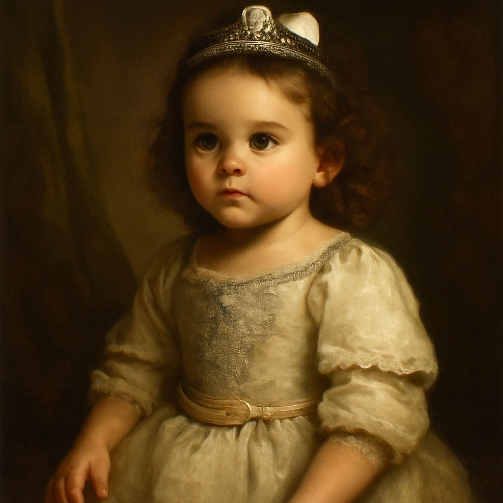 A curious toddler with big eyes and a white bow in her curly hair, sitting comfortably on a dark blue couch decorated with New York Yankees logos, wearing a white long-sleeve shirt and gray pants, looking off to the side with a thoughtful expression.