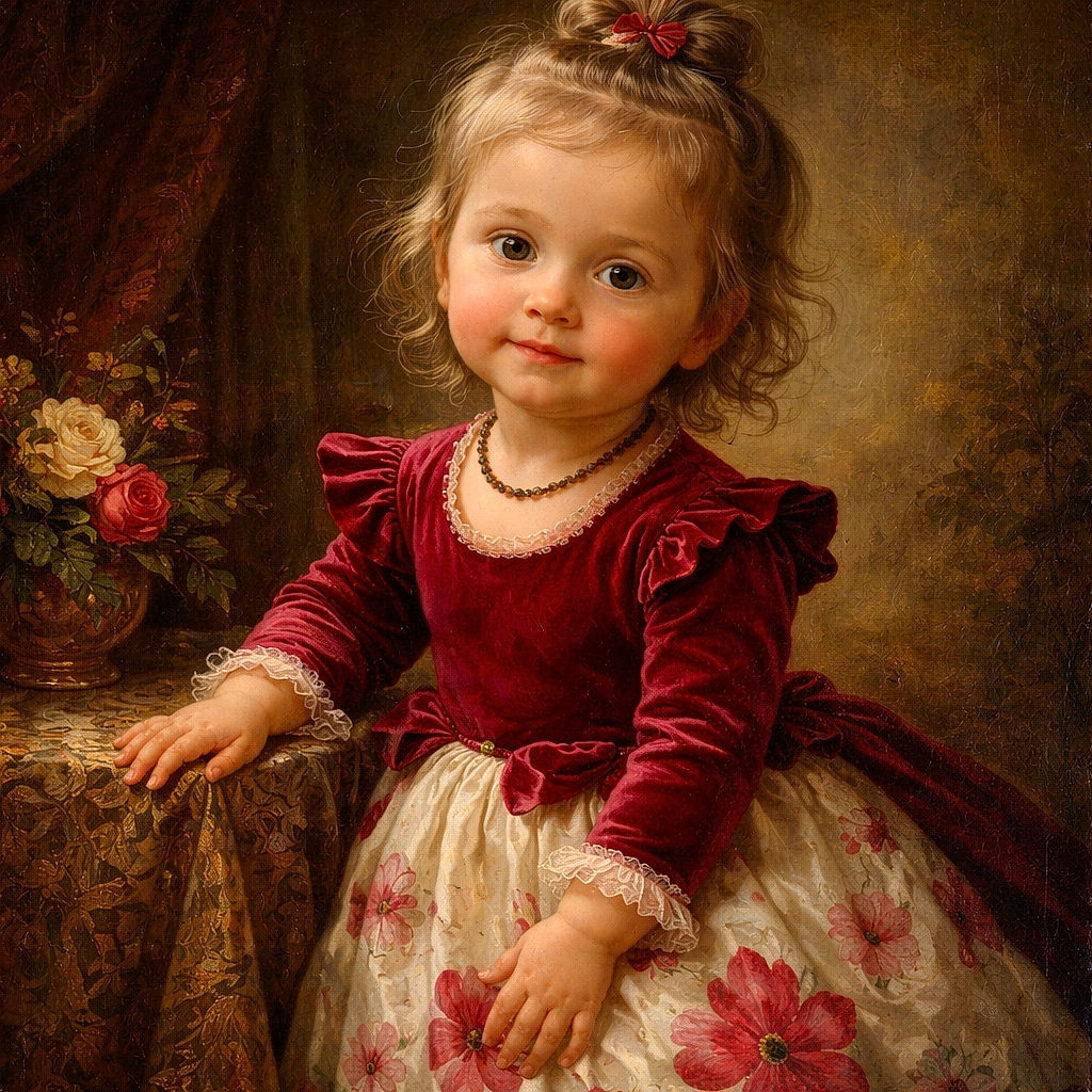 A tiny fashion icon in a floral skirt and berry-red top inspects the world with a knowing toddler smirk — sunlit cheeks, a bead necklace like grown-up jewelry, and one hand ready to launch down the slide while the other practices dramatic posing.