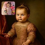 A curious baby lying on a pink play mat surrounded by colorful toys, including a plush seahorse and a multi-colored rattle, wearing a purple onesie with a bird design and a tiny hair clip holding up a tuft of hair.