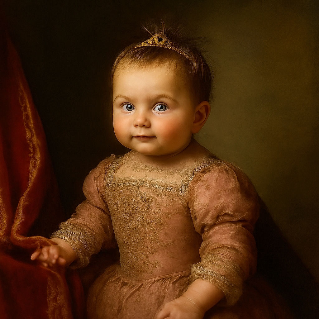 A curious baby lying on a pink play mat surrounded by colorful toys, including a plush seahorse and a multi-colored rattle, wearing a purple onesie with a bird design and a tiny hair clip holding up a tuft of hair.