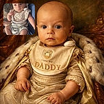 A curious baby wearing a bib that says 'I love my DADDY' is comfortably resting on an adult's arm, surrounded by soft, colorful blankets. The baby's wide-eyed expression suggests deep thoughts or surprise, while the cozy setting adds warmth to the scene.