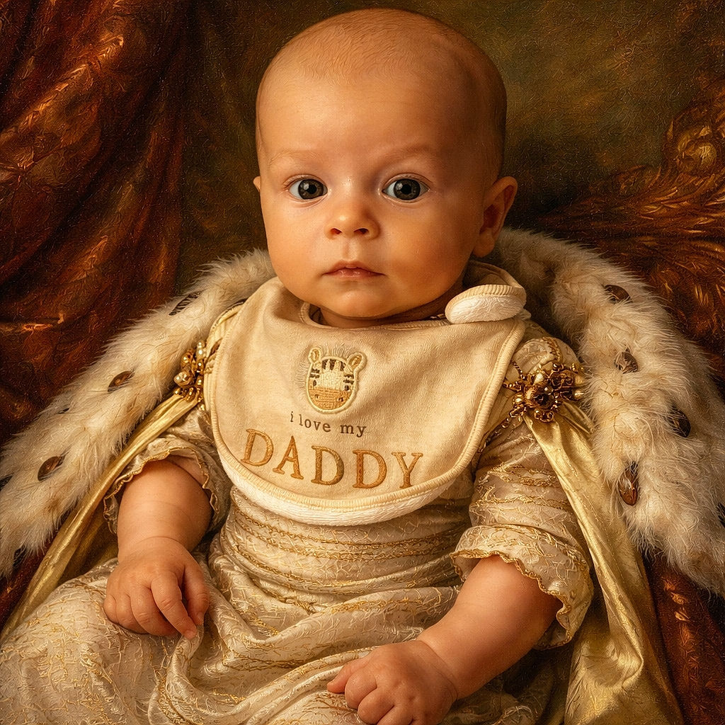 A curious baby wearing a bib that says 'I love my DADDY' is comfortably resting on an adult's arm, surrounded by soft, colorful blankets. The baby's wide-eyed expression suggests deep thoughts or surprise, while the cozy setting adds warmth to the scene.
