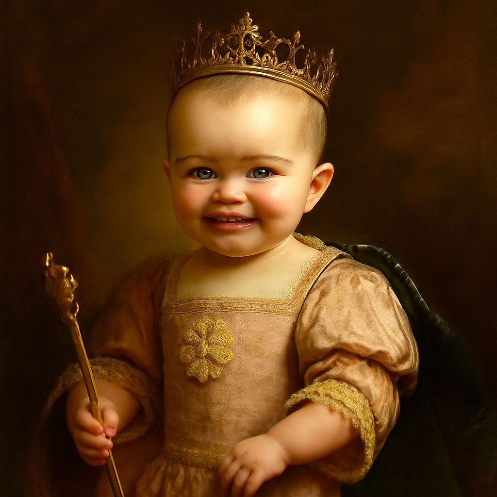 A cheerful toddler in a colorful striped outfit stands gripping a wooden toy, with a cozy living room background featuring sunflowers, a cabinet, and quirky decor pieces.