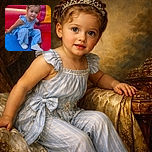 A curious toddler in a blue striped outfit is perched on a colorful inflatable slide, looking directly at the camera with wide, sparkling eyes and a slight smile, surrounded by bright reds, yellows, and blues that make the scene pop with playful energy.