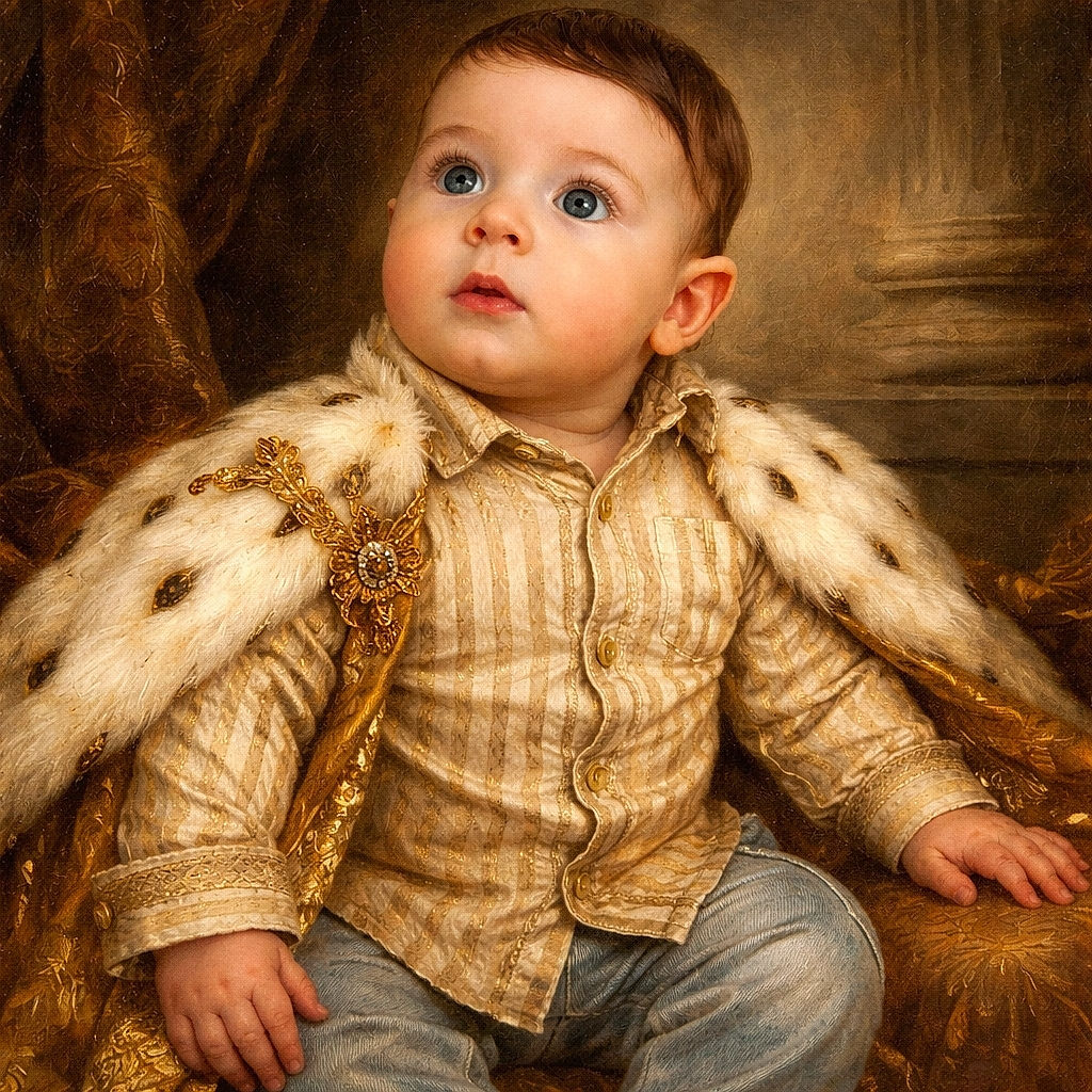 A wide-eyed infant in a striped button-up and denim pants gazes upward like someone just announced snack time — soft beige studio backdrop, gentle lighting, one hand resting on a knee, the other bracing for balance. Pure curious cuteness with impeccable eyelashes and rumpled charm.