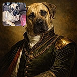 A large, gentle dog lounges comfortably on a brown leather couch, looking directly at the camera with soulful eyes. The cozy living room background includes a window with curtains and some household items, creating a warm and homely atmosphere.