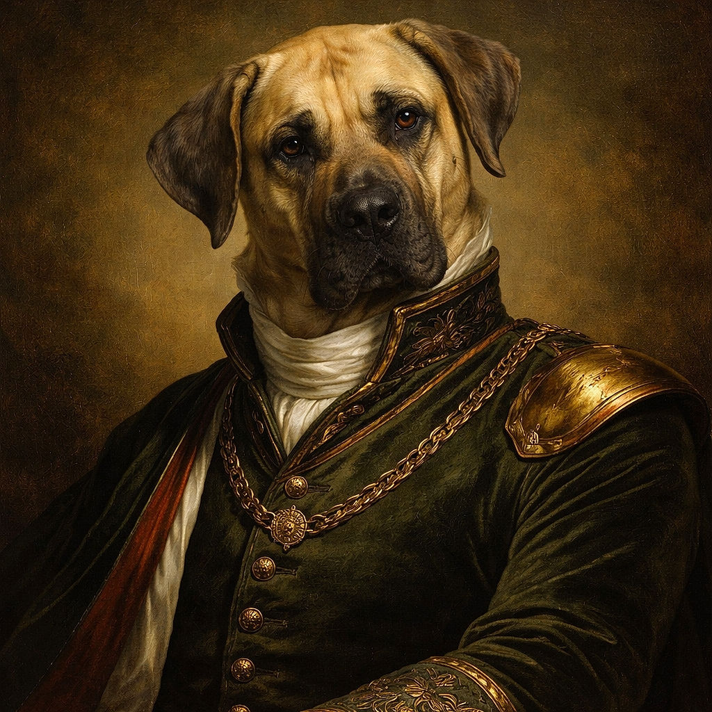 A large, gentle dog lounges comfortably on a brown leather couch, looking directly at the camera with soulful eyes. The cozy living room background includes a window with curtains and some household items, creating a warm and homely atmosphere.