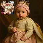 A tiny baby bundled in pastel knitted blankets and cozy floral pants gazes curiously at the camera, wearing a cute pink hat and a white sweater, surrounded by a colorful, cozy mess of blankets and fabrics.