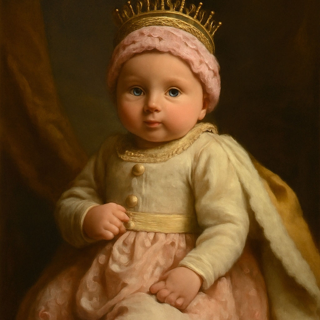 A tiny baby bundled in pastel knitted blankets and cozy floral pants gazes curiously at the camera, wearing a cute pink hat and a white sweater, surrounded by a colorful, cozy mess of blankets and fabrics.