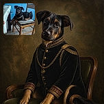 A handsome black-and-tan dog has claimed the dining chair like a tiny, overly serious restaurant manager, calmly supervising the kitchen while dangling one paw over the edge. The blue cabinets, tiled floor, tablecloth, and nearby slipper complete this wonderfully domestic portrait.