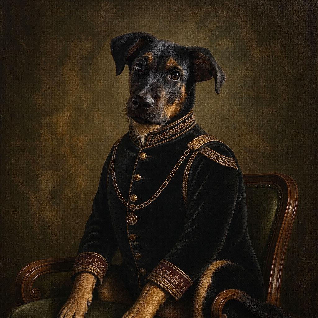 A handsome black-and-tan dog has claimed the dining chair like a tiny, overly serious restaurant manager, calmly supervising the kitchen while dangling one paw over the edge. The blue cabinets, tiled floor, tablecloth, and nearby slipper complete this wonderfully domestic portrait.