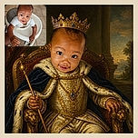 A delighted baby peers up from a high chair like a tiny food critic who has just discovered the camera, reaching forward with both hands while the tiled floor creates a surprisingly grand geometric stage.