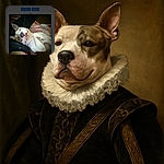 A relaxed dog lying on its back with a content expression, nestled against a person whose tattooed arm is partially visible. The cozy setting includes a soft blanket, creating a warm and chill vibe.