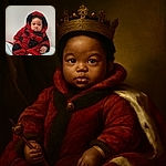 A wide-eyed baby bundled up in a cozy, fluffy red and black outfit sits on a soft blue blanket, looking curiously at the camera with an adorably serious expression.