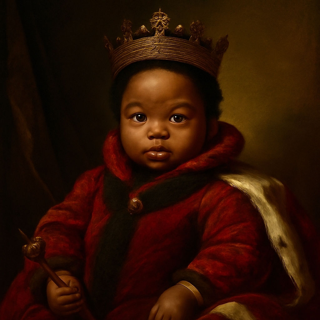 A wide-eyed baby bundled up in a cozy, fluffy red and black outfit sits on a soft blue blanket, looking curiously at the camera with an adorably serious expression.