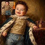 A joyful baby lying on a beige blanket, wearing a brown sweater and blue pants, smiling with tongue out. A colorful book with an orange cover is near the baby's hand, and a furry object is partially visible on the right side.