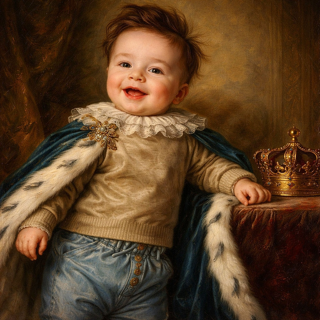 A joyful baby lying on a beige blanket, wearing a brown sweater and blue pants, smiling with tongue out. A colorful book with an orange cover is near the baby's hand, and a furry object is partially visible on the right side.