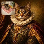 A cozy tabby cat is perched on a soft pink blanket atop a white dresser, surrounded by a colorful snake plush toy, a plant in a pot, and a lamp with a flower-shaped shade. The background features a curtain with bird illustrations, creating a warm and charming indoor scene.